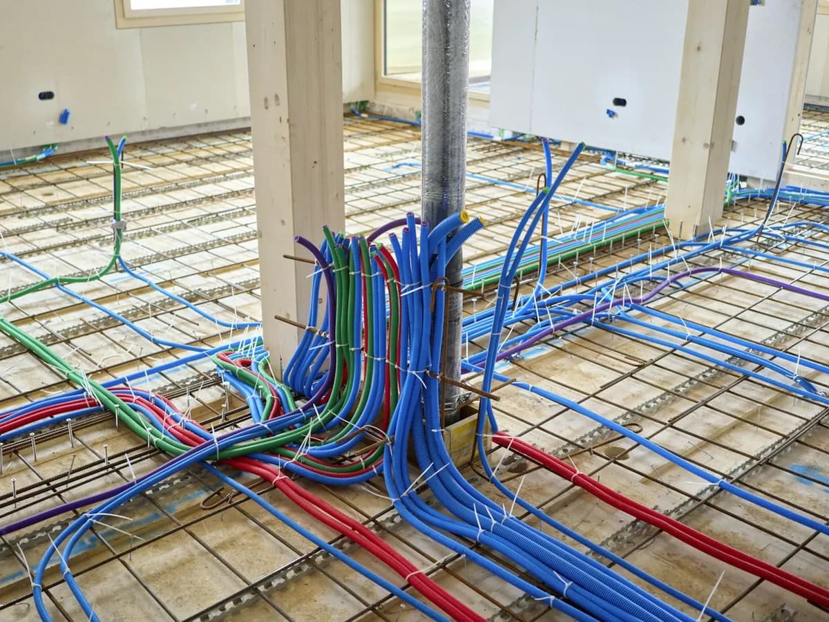 Verlegte Heizungsrohre auf einer Rohbaudecke vor dem Estrich
